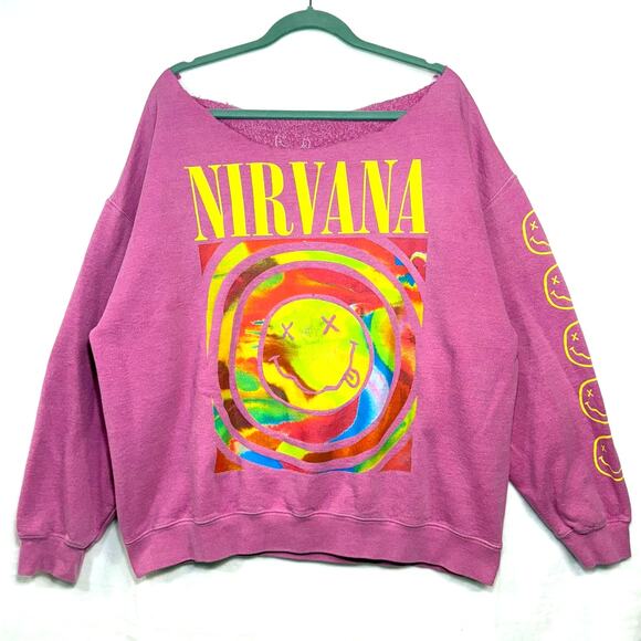 Nirvana S/M Dyed Sweatshirt Pink UO Oversized Grunge Off-Shoulder Smile Sleeve - Picture 2 of 9